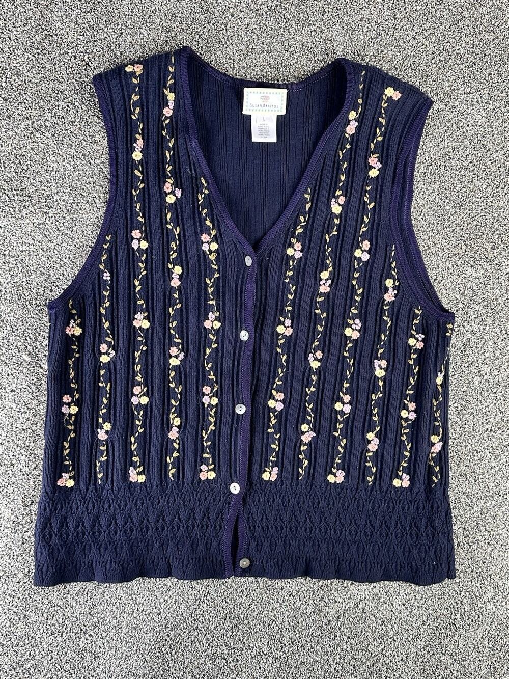 VTG Susan Bristol Floral Knit Cardigan Vest Cottagecore Granny Ramie Cotton L